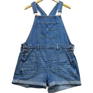 American Eagle Women's Denim Short Overalls Side Button Size L Blue Stretch